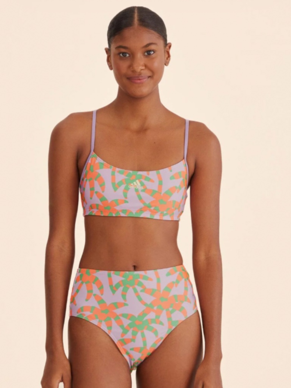 NWT Farm Rio x Adidas Purple and Neon Orange Green Palm Tree Print Bikini Set S